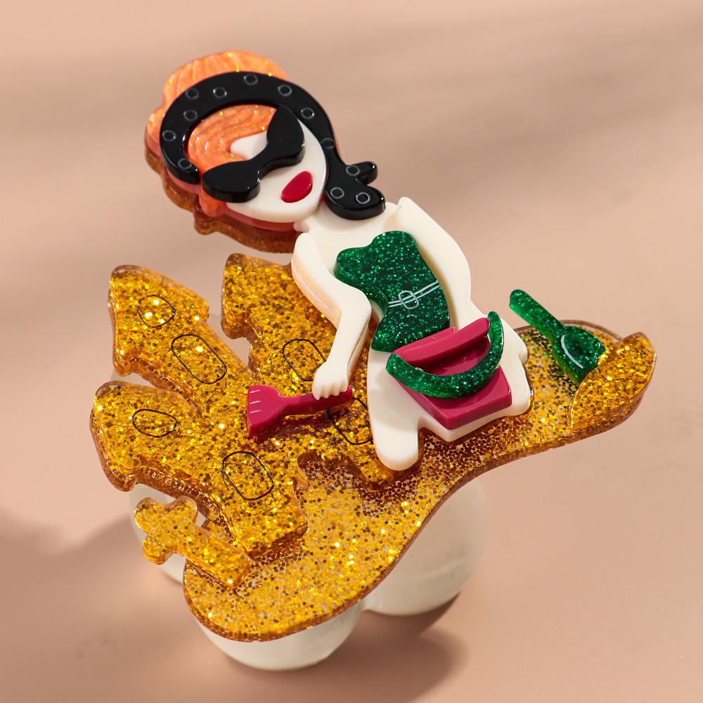 Glitter Acrylic Cute Beach Castle Girl Brooches for Women New Vacation Lady Figure Badge Pin Casual Jewelry Accessories Gift