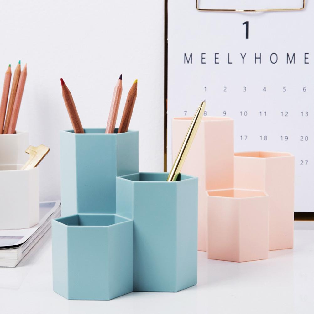 Pen Holder 3 Compartment Hexagonal Multi Function Makeup Brush Storage Bucket for Desktop Blue