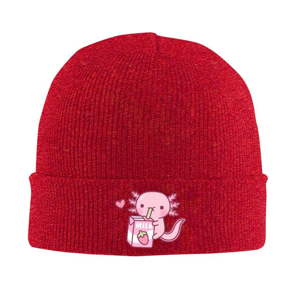 Roztomilý axolotl miluje jahodové mléko Doodle Teplá pletená čepice Zimní pletená čepice Beanie Hip Hop čepice pro Unisex