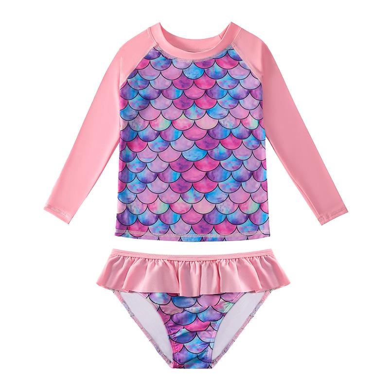 Girls' Long Sleeve Fish Scale Swimsuit Set with Sunscreen Protection
