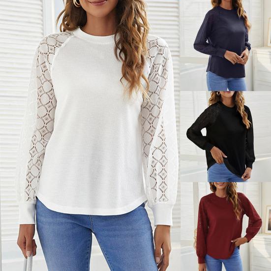 

Женская блузка с вырезом из кружева в стиле пэчворк, осенняя вафельная рубашка с рукавами реглан, однотонная