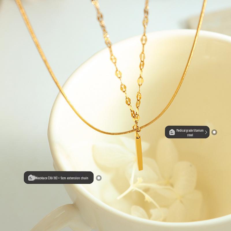 Light Luxury Rectangular Pendant Multilayer Necklace: European & American Niche Design, Titanium Steel Women's Clavicle Chain