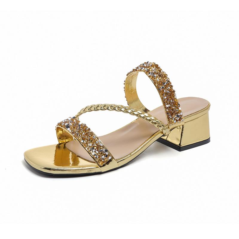 Fashion Fashion Golden Shiny Crystals Sandals Women Luxury Thick Heel Party Shoes Woman Summer Woven Strap High Heeled Sandles Female