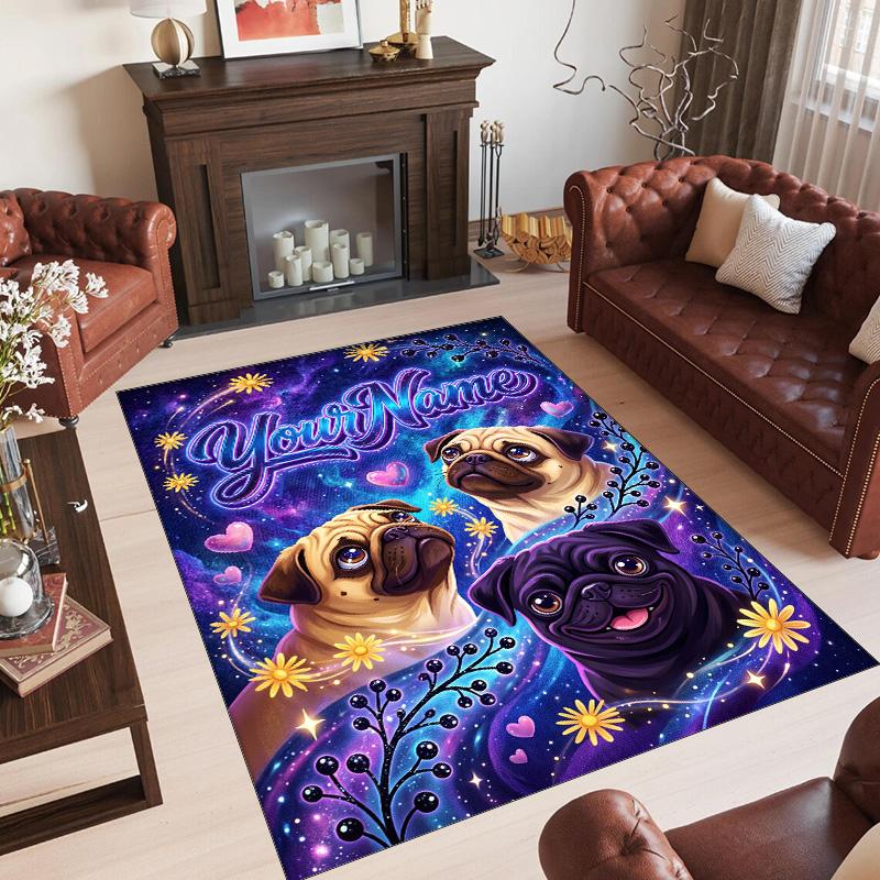 Pug Theme Crystal Velvet Floor Rug Personalized Custom Name Text Warm Carpet Home Decoration