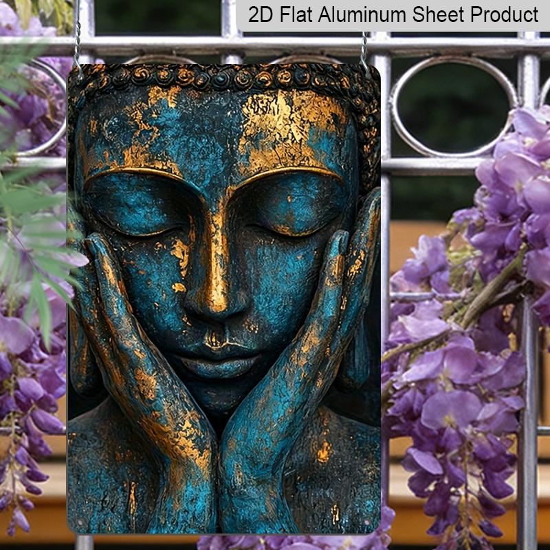 2D Flat - 1pc Vintage Statue Aluminum Wall Art, 8.0 X 12.0 Inch Decorative Sign, Zen Inspired Durable Hanging Plaque, Rustic Bronze and Turquoise