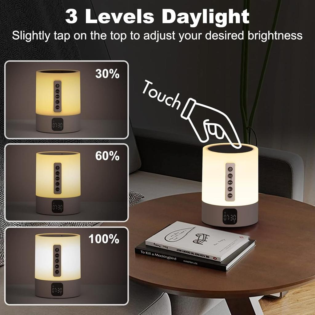 Night Light Bluetooth Speaker Alarm Clock, Sound Machine with White Noise, Touch Bedside Lamp, Dimmable Warm White Light, 48 RGB Color Changing,
