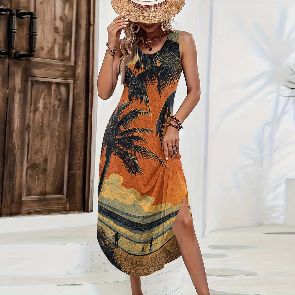 Women Sleeveless Long Dress Casual Loose Fit Hawaiian Print Maxi Dress Summer Beachwear Side Slit Sleeveless Sundress