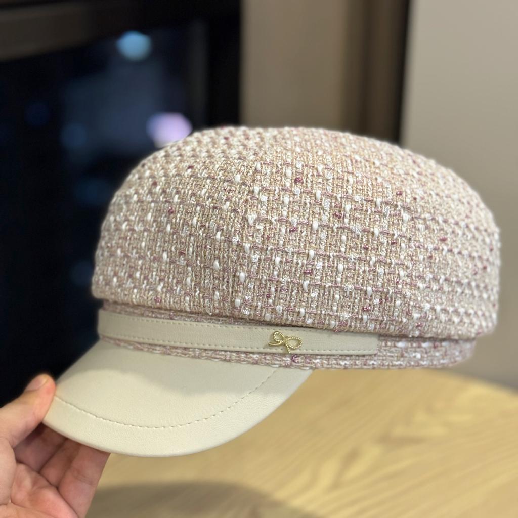 Autumn and Winter Tweed Leather Brim Octagonal Hat Three Dimensional and Stylish Newsboy Hat Elegant Peaked Hat Beret Trend