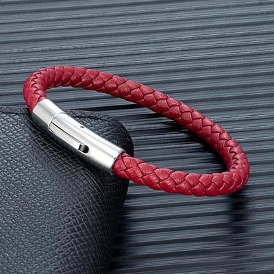 6mm Red Braided Leather Bracelet for Men & Women Stainless Steel Button Jewelry Unisex Couple Gift Classic Simple Design