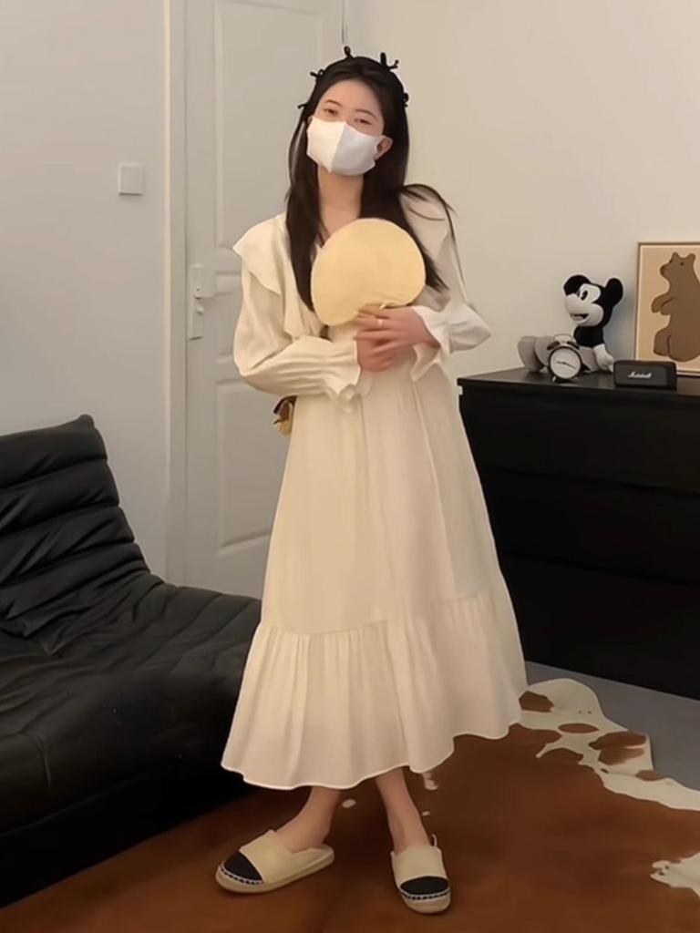 French White Ruffle Edge Dress Autumn Dress Women's New Year Small High-end Exquisite Beautiful Long Dress
