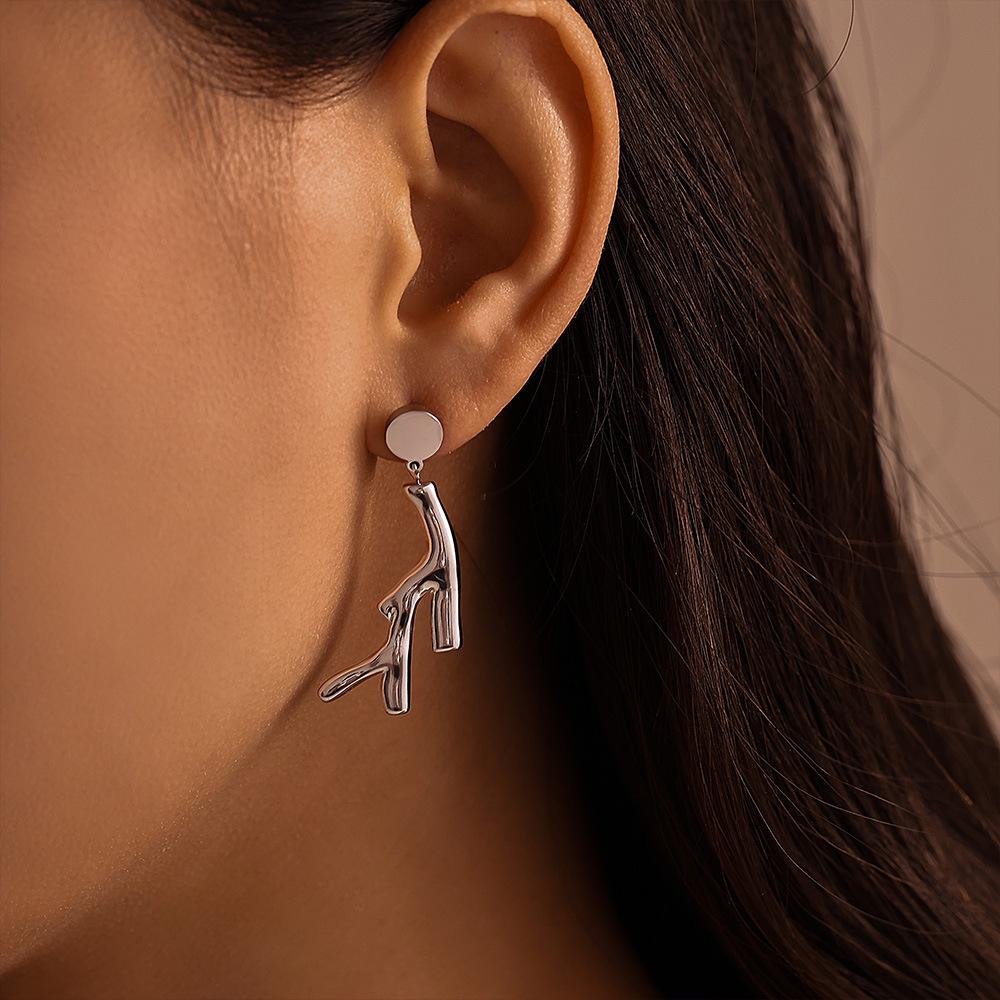 Qiong Yao Gold-Plated Irregular Tree Branch Dangle Earrings, Stainless Steel Studs, Colorfast Design