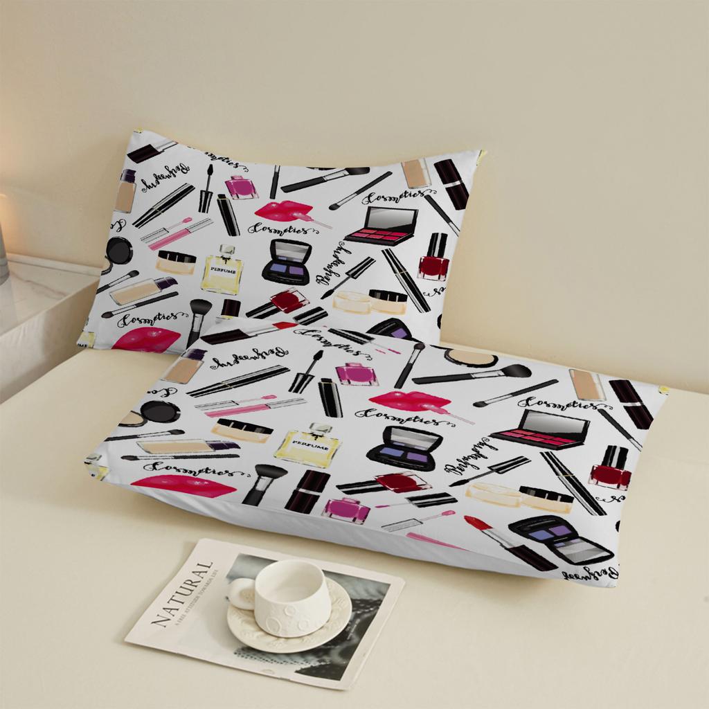 3pcs White Fitted Sheet Sets Decor For Girls Room Cosmetics Makeup Brushes Lips Perfume 3D Printed Flat Sheet With 2 Pillowcases