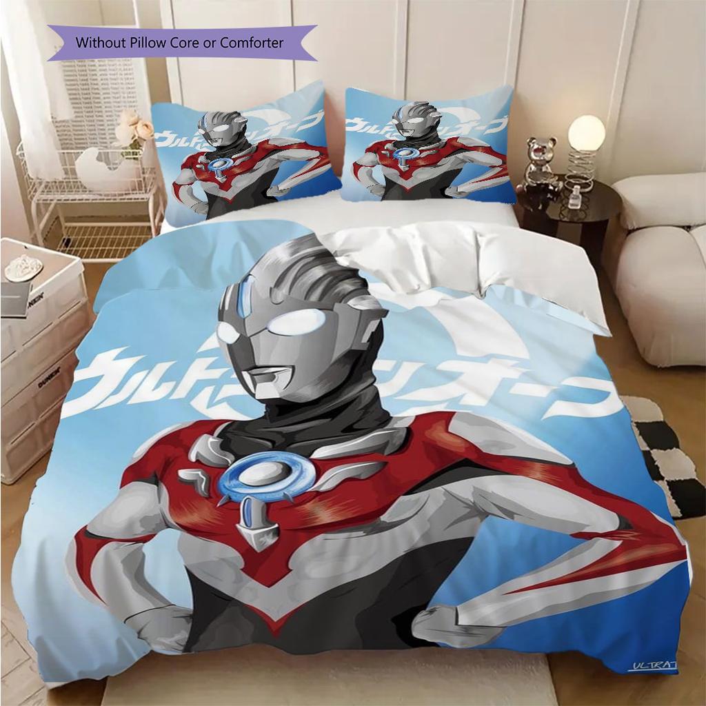 3pc Ultraman cartoon print unbleached bed sheet set(1*Duvet Cover + 2*Pillowcase, Without Core), for bedroom bedding decoration