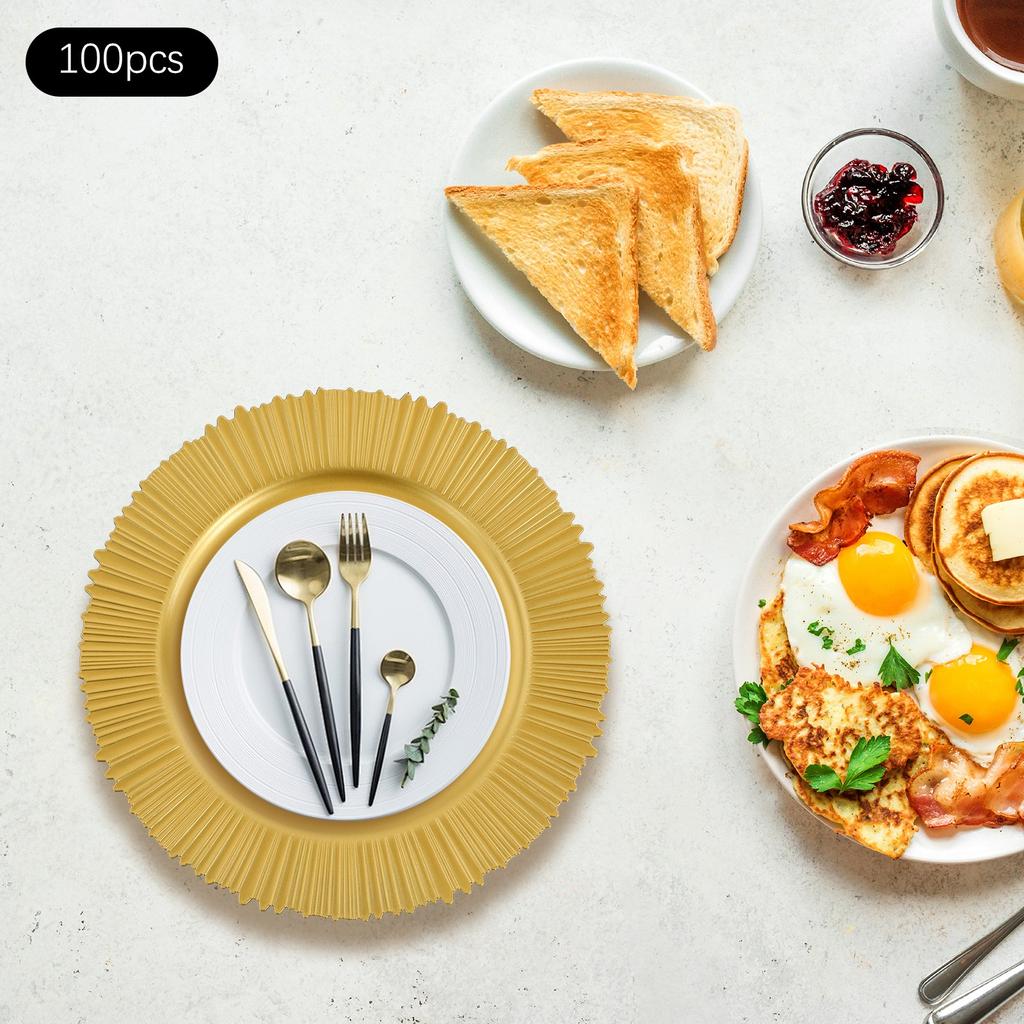 Elegant 100-Pack Gold Dessert Plates Set, Perfect for Parties & Events - 13 Inch Round Appetizer Traysfor Catering & Holidays