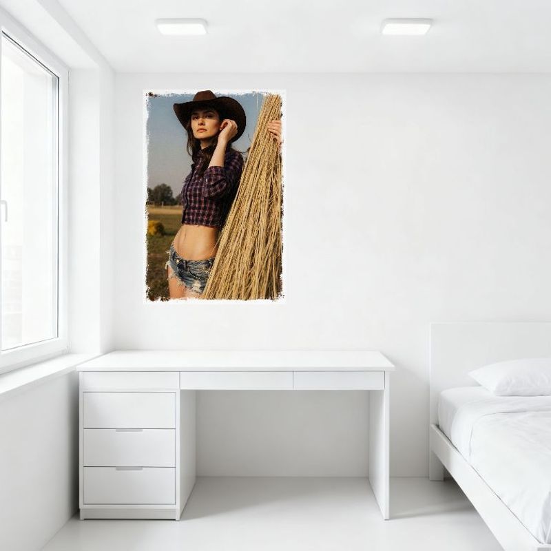 Sexy Woman Vintage Western Countryside Tin Sign Grassy Field Cowboy Hat Denim Shorts Metal Poster for Bar Home Cafe Wall Decor