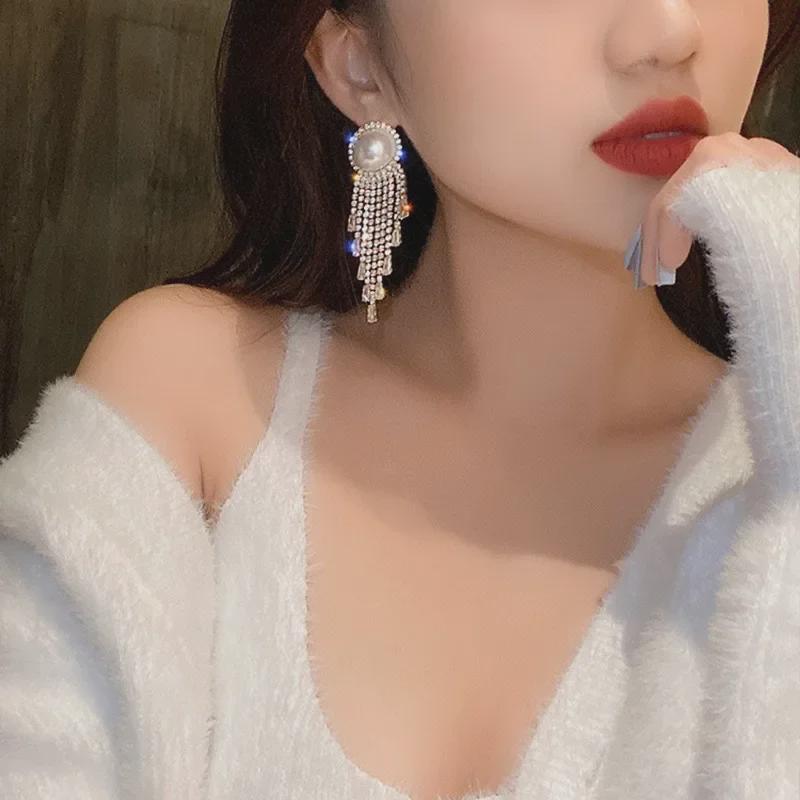S925 Silver Needle Diamond Pearl Tassel Earrings - Korean Style, Versatile, Elegant, Long Fashion Jewelry for Women