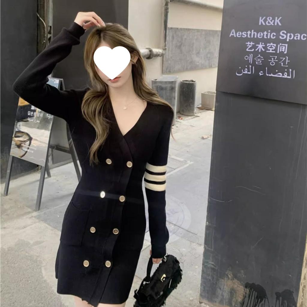 Lazy Wind Collar Knitted Dress Women's Autumn and Winter Temperament Socialite with Coat Inside with Thin Backing Sweater Skirt