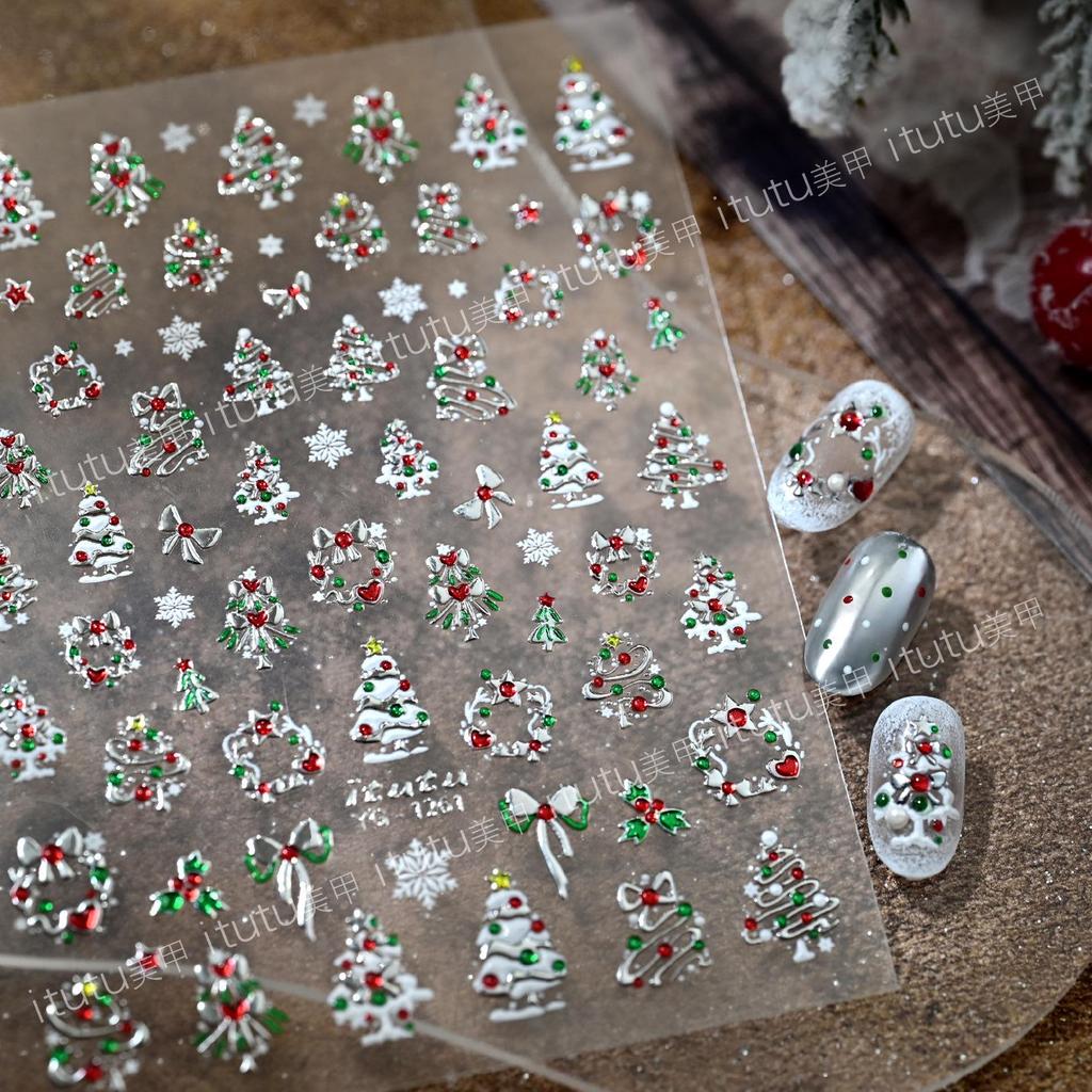 Itutu Christmas Nail Stickers: Colorful Trees, Wreaths, Snowflakes & Bows. Self-Adhesive, Hot Stamping Design for Festive Fingertips.