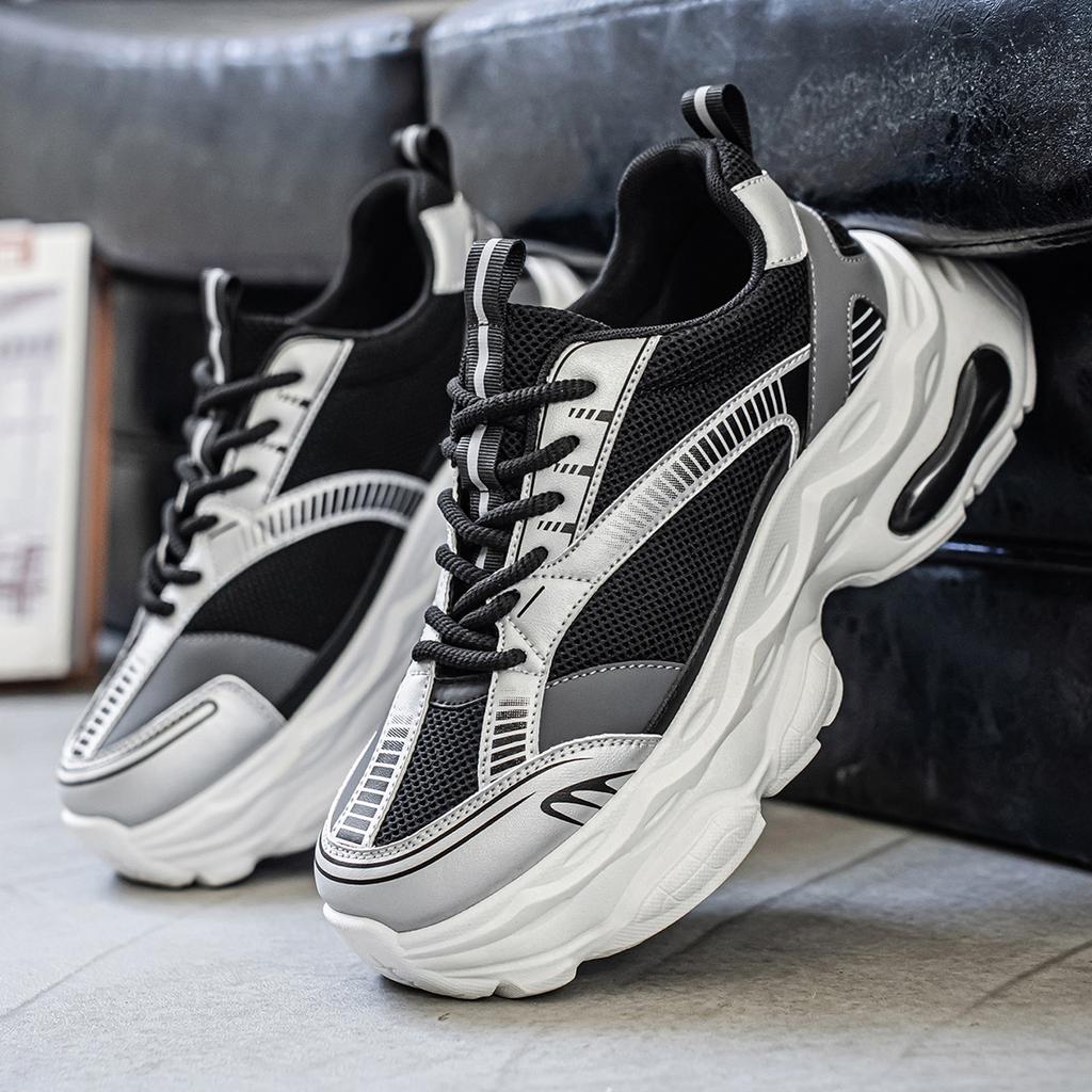 ForeignTrade FashionCasual Leather Mesh Splicing Trend Comfortable and Breathable Low Top Thick Sole Height Increasing Dad Shoes