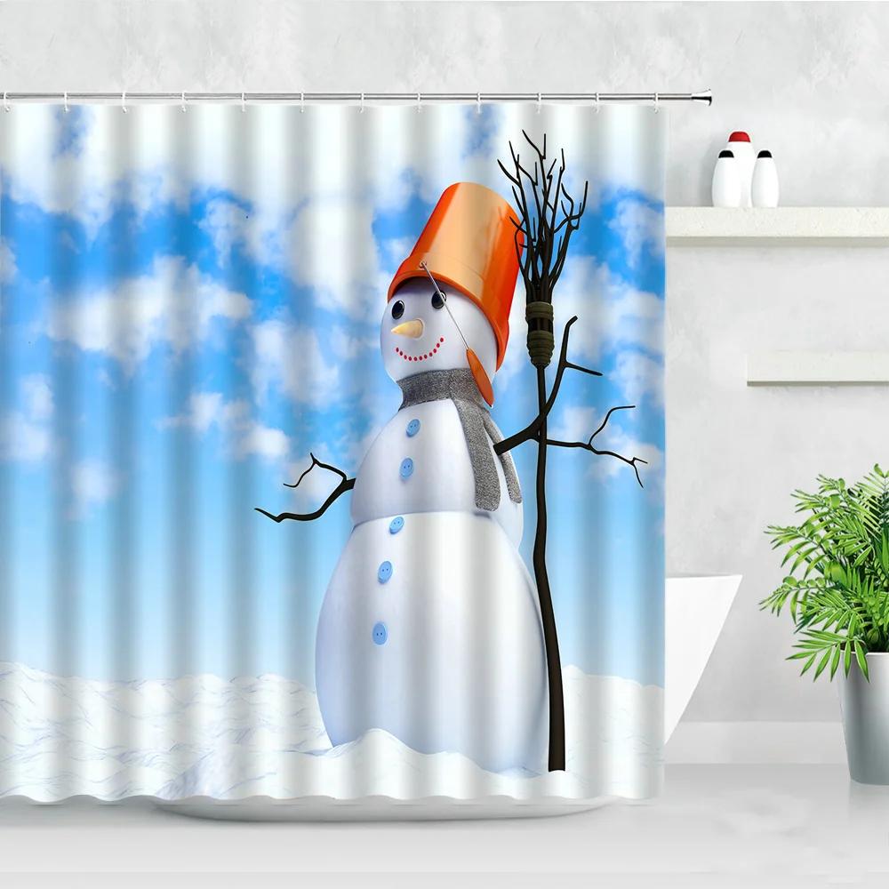 Funny Christmas Snowman Shower Curtains Skiing Winter Forest Color Xmas Ball Gift New Year Bathroom Decor Bath Curtain Set Hooks