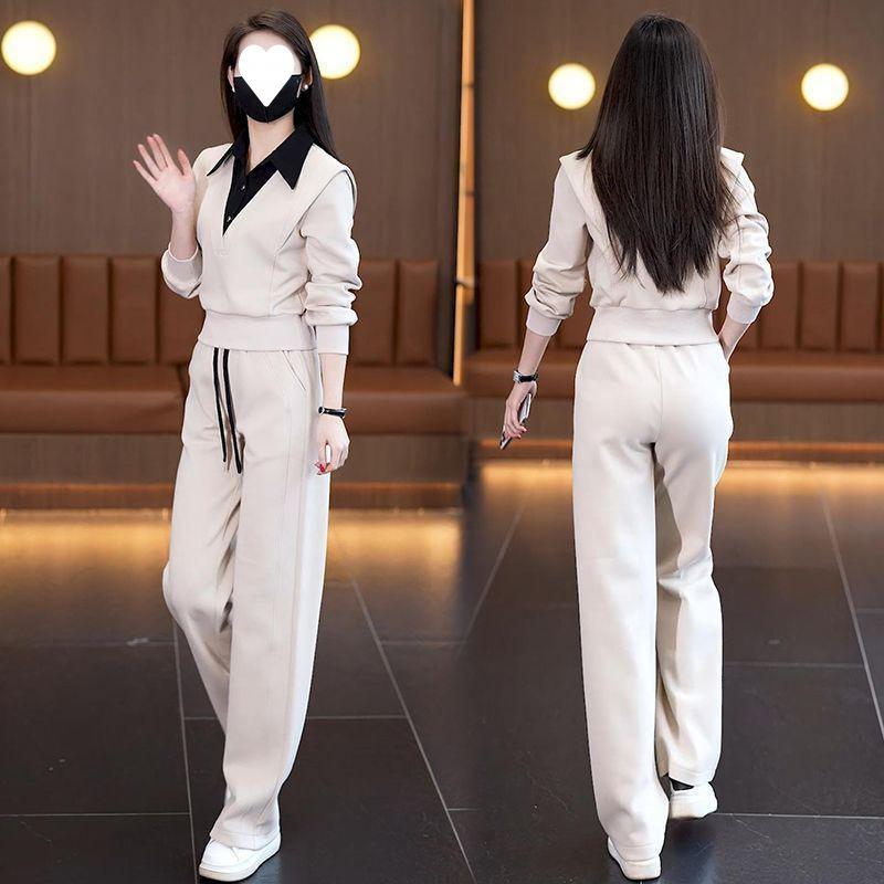 Mamba Spring and Autumn Fashionable Casual Design Fake Two-piece Tops Wide-leg Pants Two-piece Set
