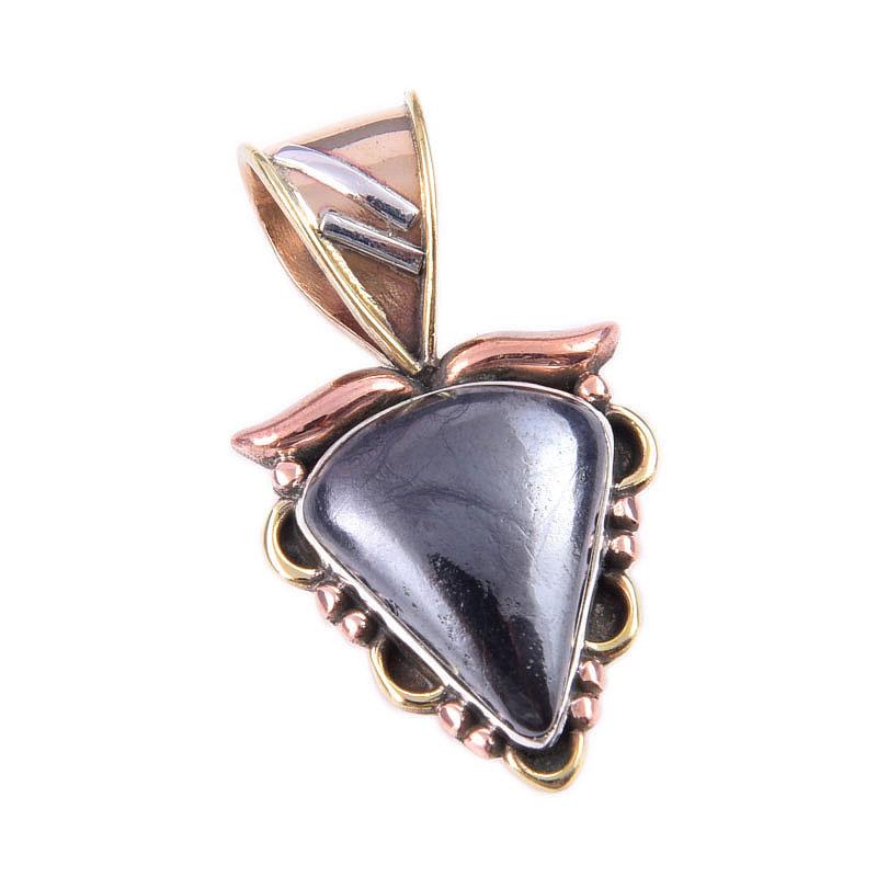 Natural Gunmetal Gemstone 925 Solid Sterling Silver Two Tone Pendant 1.25" R2W63