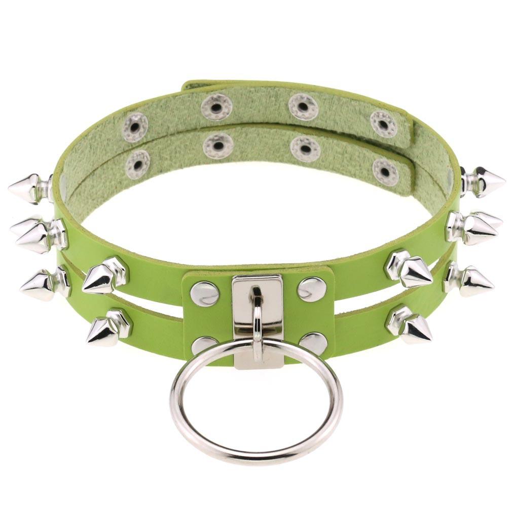 Double Line Rivet Spiked Choker, Cool Punk Hanging Ring Faux Leather Neckband