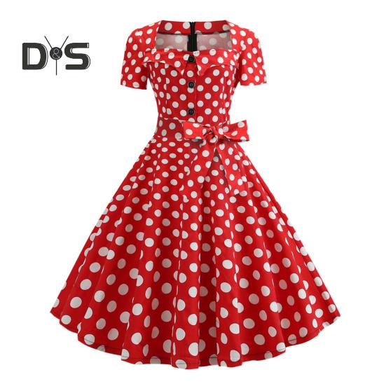 

Женское платье с квадратным вырезом и коротким рукавом в стиле ретро 1950-х годов, трапециевидное платье с большим подолом и пуговицами, декор в горошек, соответствующий цвету, середина талии, пояс с бантом, декор для выпускного вечера L красный