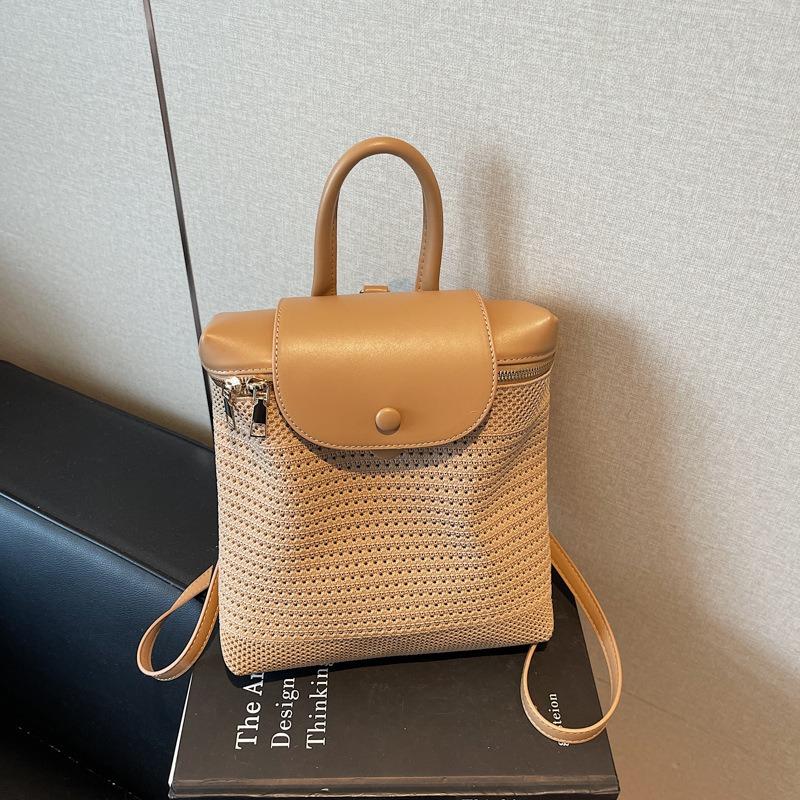 Summer straw bag women's new contrasting color backpack niche hollow woven portable backpack