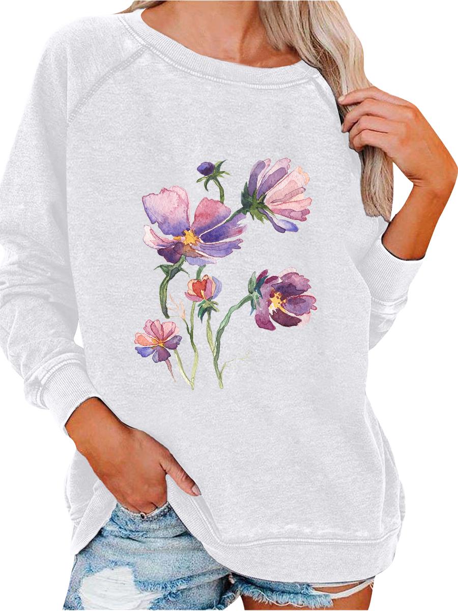 Ladies Spring/Fall Sweatshirt Women s Oversized Pullover Sweatshirt Fashion Flower Print Top S