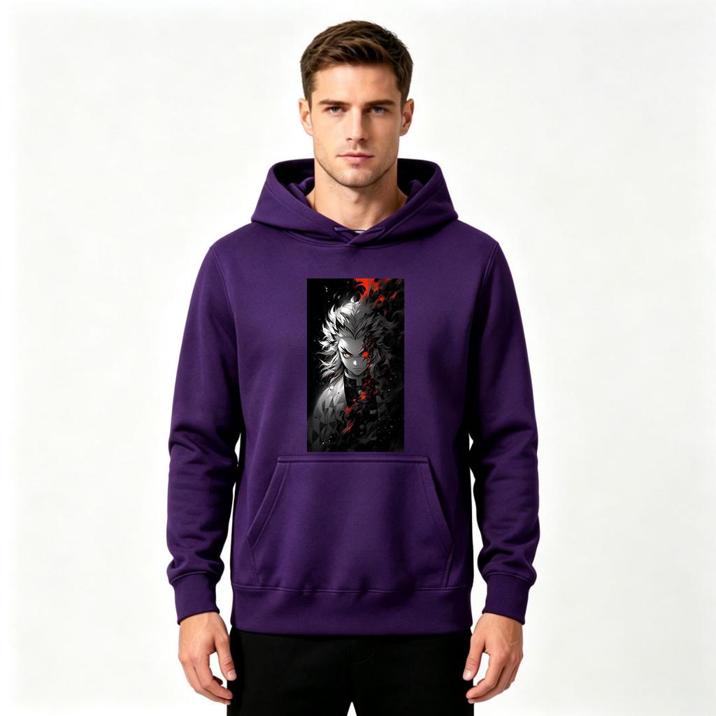 Men Anime Demon Slayer Rengoku Print Pullover Hoodie Casual Long Sleeve Streetwear Sweatshirt