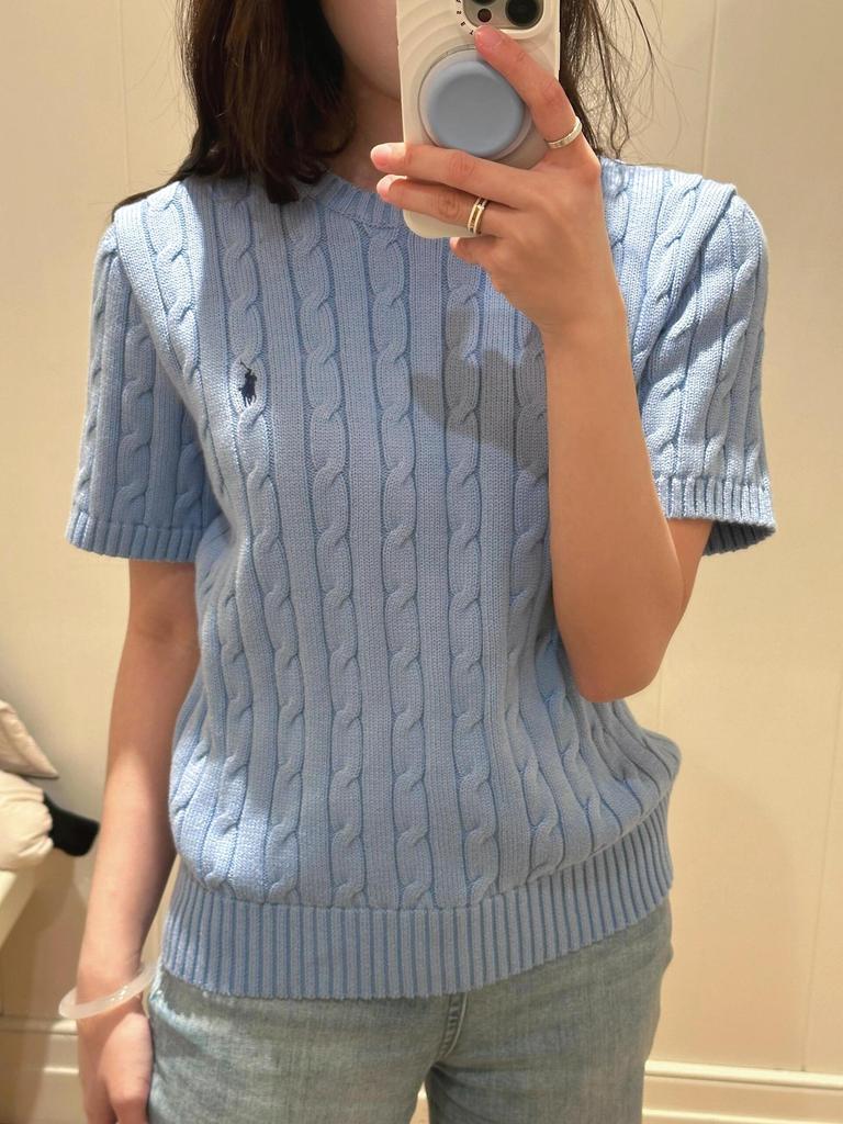 Ralph Lauren Classic Cable Knit Cotton T-shirt with Small Pony Logo, Round Neck, Short Sleeve Pullover.