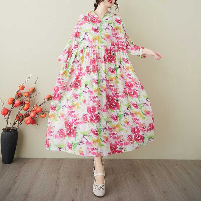 Ladies' Retro Gentle Wind and Cloud Brocade Cotton and Hemp Hooded Dress