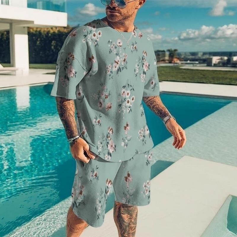 Men's Fashion Geometric Pattern Short-sleeve and Shorts Set Casual Loose Two-piece Outfit