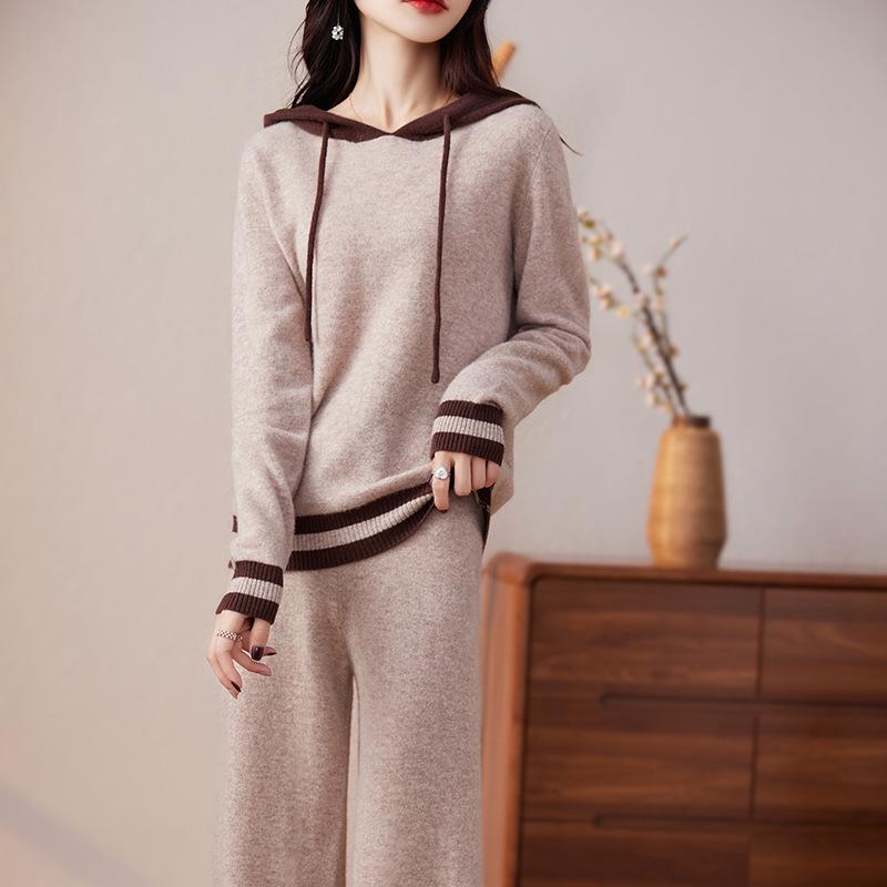 Women's Casual Color Block Hooded Wool Knit Sweatshirt & Long Pants Set - New Autumn Slimming Versatile Two-Piece