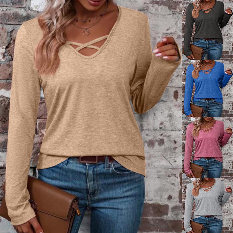 Dámský bavlněný top s dlouhým rukávem a výstřihem do V - Jednobarevný, ležérní a jednoduchý styl