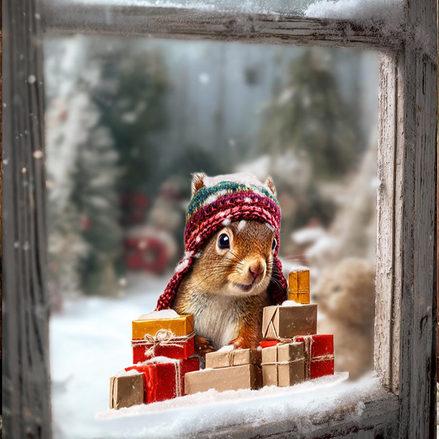 Vollständig transparente UV-Weihnachten Kleines Eichhörnchen Vollständig transparent Doppelseitig sichtbar Glas Heimdekorationsaufkleber