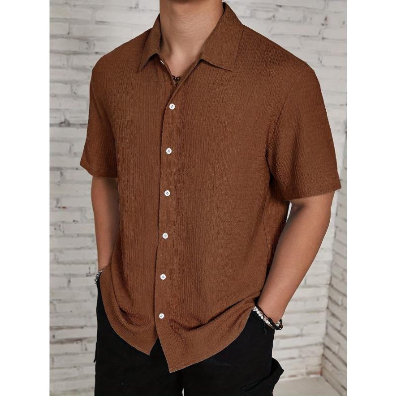 Men Notched Lapel Short Sleeve Shirt Crinkle Waffle Texture Full Button Front Loose Vacation Casual Blouse Tops