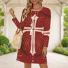 Women Plus Size Round Neck Long Sleeve Red Blue Star Swirl Printed A Line Dress