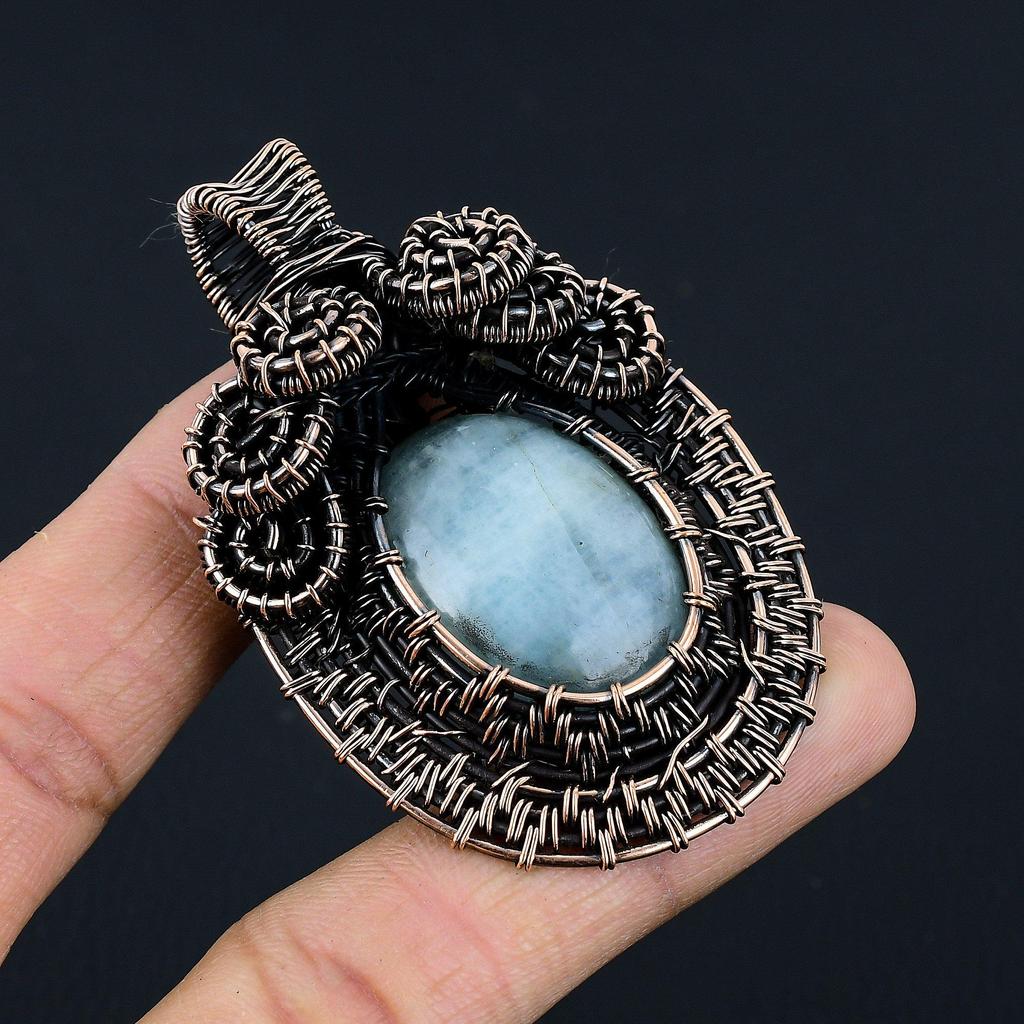 Aquamarine 999 Copper Wire Wrapped Pendant, Handmade Gemstone Pendant Jewelry, Gifts For Wife Brand New Pendant