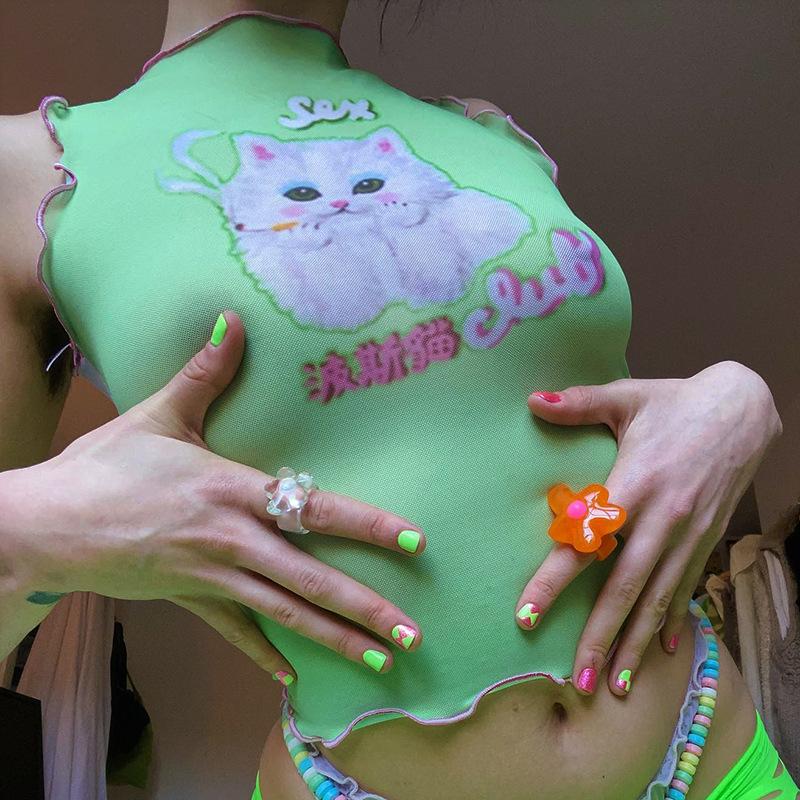 Y2k Estetica Canotte Harajuku Cute Crop Top Fashion Cat Print Canotta Casual Canotta sexy
