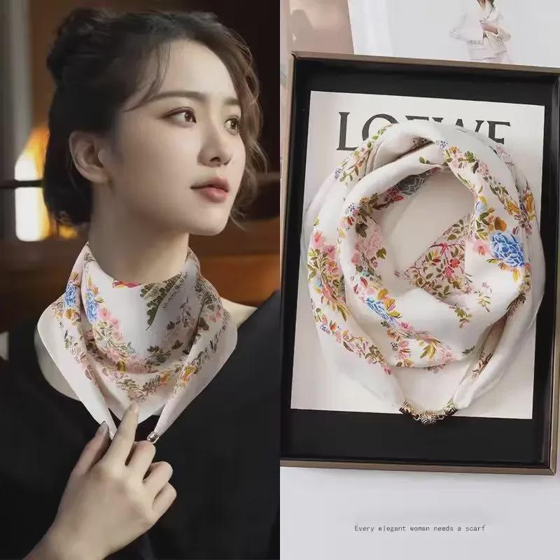 Women's Autumn/Winter Versatile Silk Scarf - Fashionable, Warm Magnetic Buckle Korean Square Design
