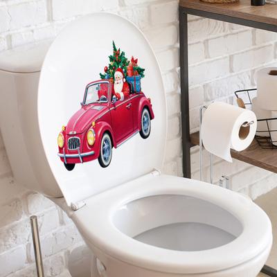 Joyeux Noël Autocollant de Toilette Imperméable Auto-adhésif PVC Salon Salle de Bain Mur Père Noël Voiture Renne Bas Décoration Autocollant Couvercle de Siège de Toilette