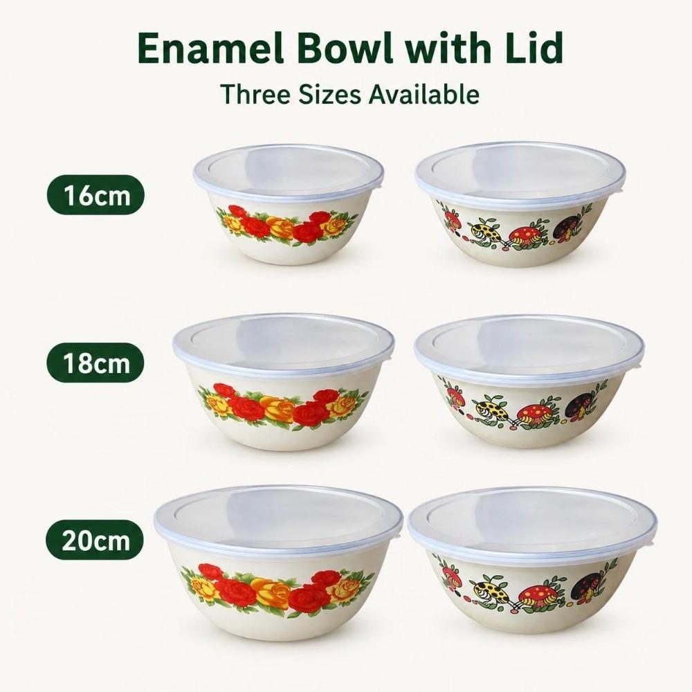 with Lid Enamel Mixing Bowl Chinese Rose Print Instant Noodle Bowl Vintage Enamel Bowl Camping