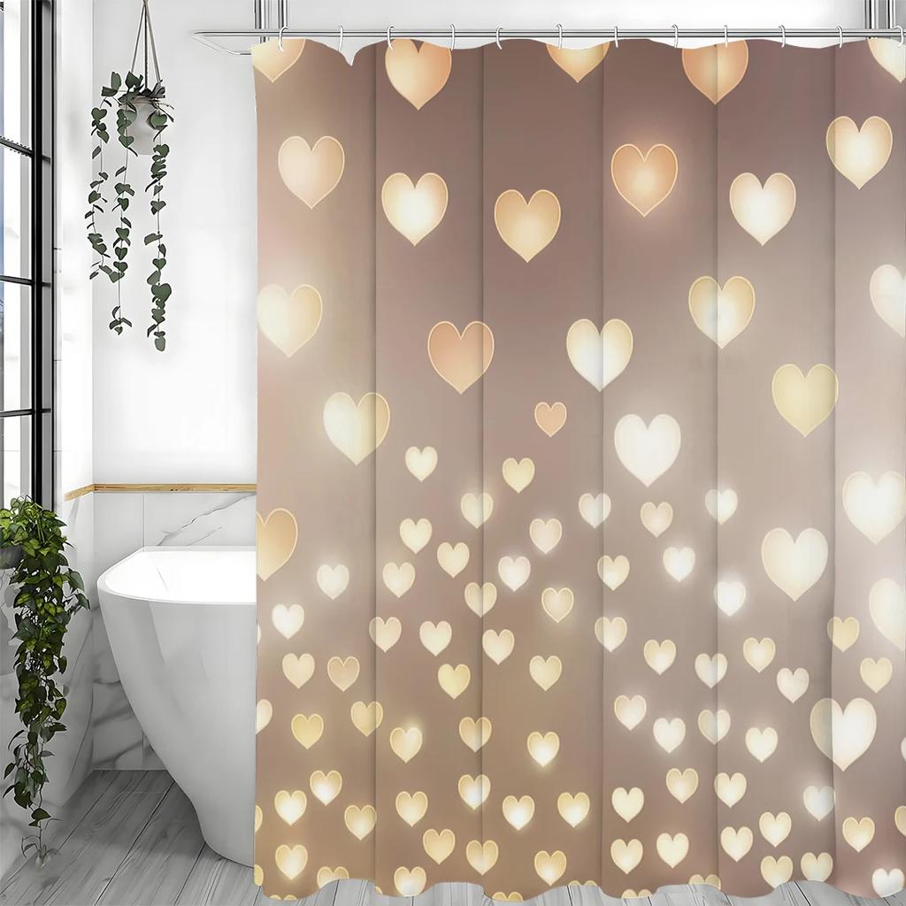 Valentine's Day Golden Heart Shower Curtain, Bathroom Decorative Shower Curtain, Waterproof Shower Curtain with Hooks