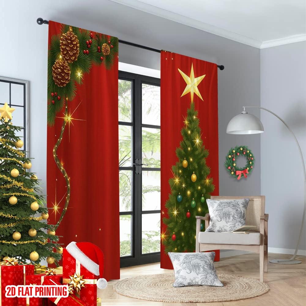 Flat Printing Popular Christmas Curtains Tree Gifts Digital Printed Polyester Drapes Holiday Decorations Set Of 2 Made