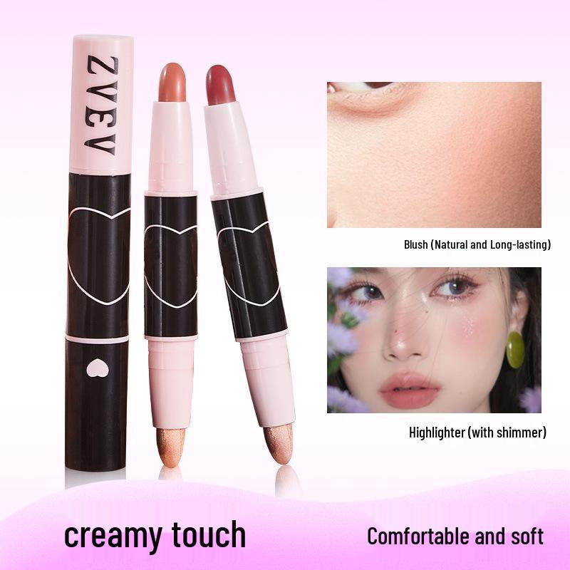 

ZVEV Double-Headed Honey Peach Blush with Shimmer Highlight and Versatile Eyeshadow.