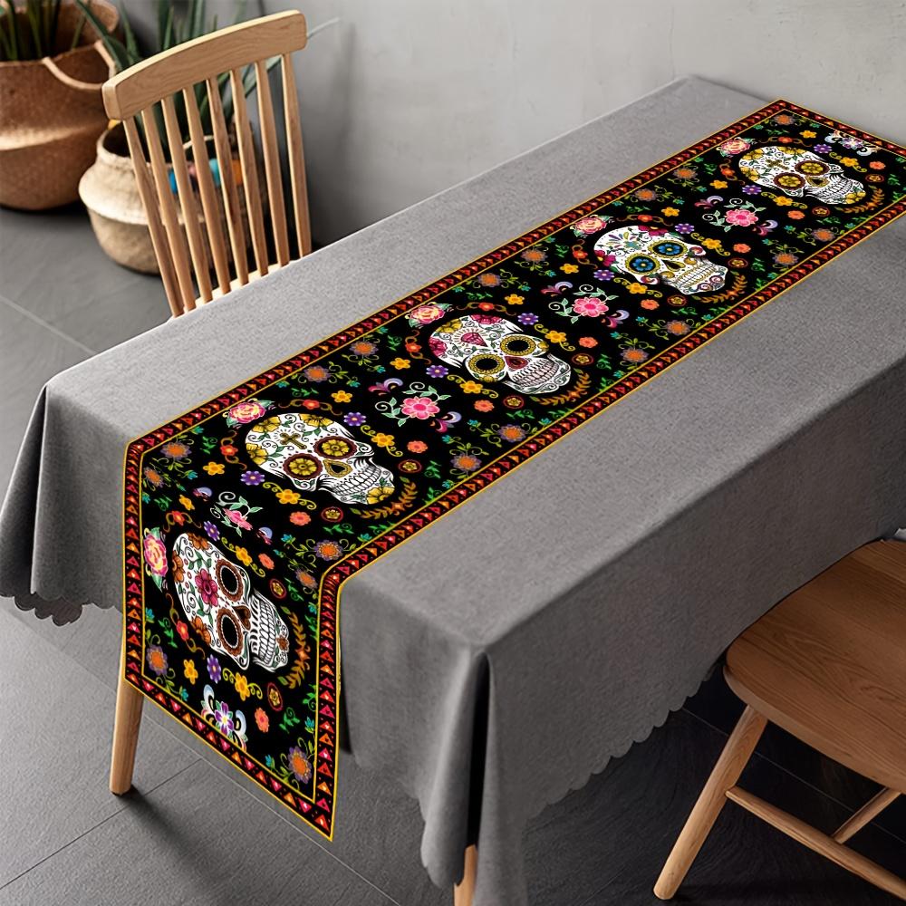 Mexican Day of The Dead Sugar Skull Table Runner Tabletop Decor Reusable Dia De Los Muertos Kitchen Table Runner Party Decor