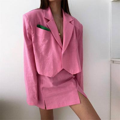 Ensemble Femme Veste de Costume en Coton Mini-jupe Veste Courte Bouton Unique Jupes Trapèze Fendues Costumes Tenues de Navetteuse de Printemps