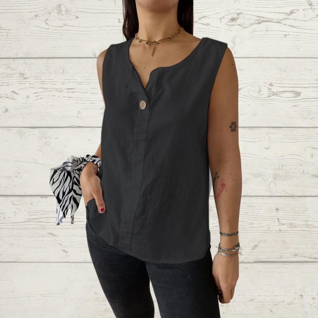 Women Casual Loose Sleeveless Button V Neck Solid T Shirt Blouse S